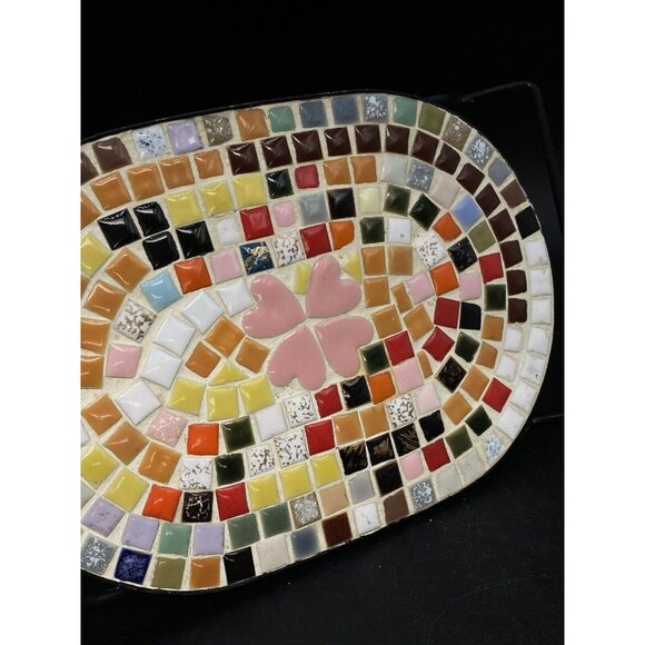 Mid Century Mosaic Tile Oval Trivet Multicolor Pink Hearts Black Metal Handles - Picture 6 of 14